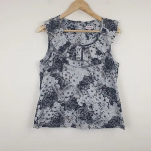 Phase Eight Top Womens UK 14 Black Floral Frill Neck Sleeveless Button Back - Picture 1 of 10