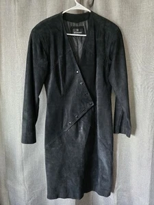 Vintage 80er Bermans schwarz Wildleder Leder lang Slv Druckknopfleiste Bleistiftkleid Größe 6 - Bild 1 von 5