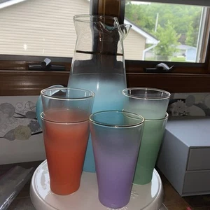 Blendo Frosted Pitcher & 6 Glasses Tumblers Set West Virginia Glass Vtg 1950's - Picture 1 of 19