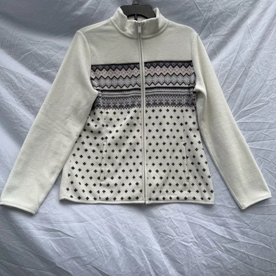 Croft & Barrow Off White and Black Patterned Zip-Up Fleece Jacket Long Sleeve Sm - Image 1 of 4