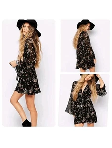 Free People Lilou Dress Black Floral Print Fluted Sleeves Size S - Picture 1 of 8