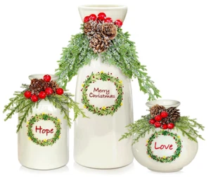 Christmas Vase Set 3 Pieces White Evergreen Pine Cones Berries Flocked Decor NEW - Picture 1 of 7