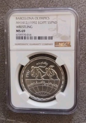 1992 EGYPT SILVER 5 POUNDS 5 POUNDS Olympic WRESTLING, NGC MS69, VERY RARE  - Image 1 of 4