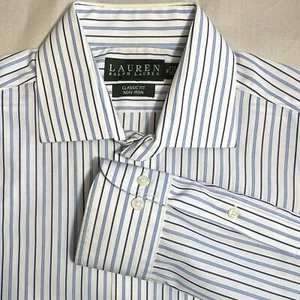 Lauren Ralph Lauren Mens Sz 15 Blue Stripe Cotton Classic Fit Long Sleeve Shirt - Picture 1 of 7
