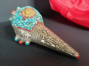 Old Tibetan Silver Covered Shell with Local Silver, Turquoise & Red Coral Stones - Picture 1 of 11