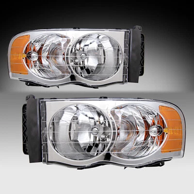 Pair Headlights For 2002-2005 Dodge Ram 1500 2500 3500 Chrome Amber Headlamps Foto 1 de 4