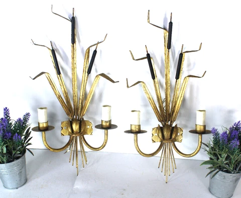 PAIR hollywood regency Maisn charles wheat metal gold gilt sconces wall lights Cover