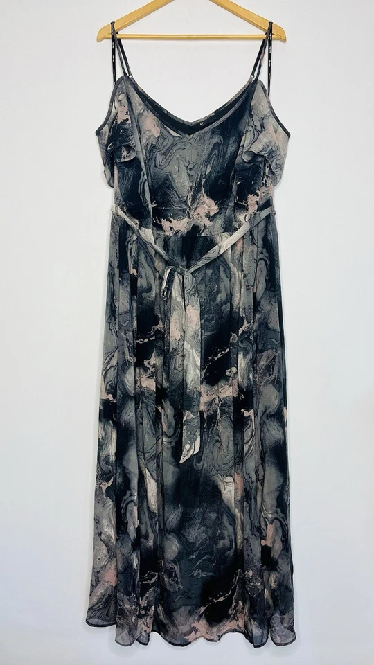 City Chic Plus Size XL 22 Women's Dress Grey Pink Black Marble Sheer Maxi & Belt - image 1 of 4