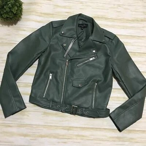 Love Tree NWT Faux Leather Moto Motorcycle Jacket Coat Sage Green Silver Small - Picture 1 of 3