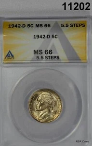 1942 D JEFFERSON NICKEL ANACS CERTIFIED MS66 5.5 STEPS- FLASHY GOLDEN! #11202 - Picture 1 of 3