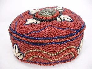 BEADED COWIRE SHELL SILVER TURQUOISE CULTURAL ETHNIC TRIBAL HAT HAND MADE - Picture 1 of 12