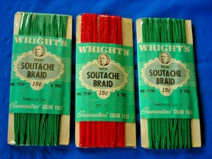 LOT OF 3 VINTAGE NOS WRIGHTS RAYON SOUTACHE BRAID RED & EMERALD UNOPENED PKGS - Picture 1 of 6