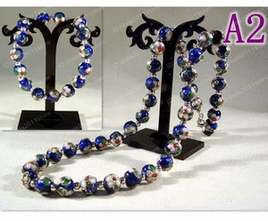 Handmade cloisonne beautiful floral beaded Necklace+Bracelet Bangle (Blue) - Picture 1 of 1