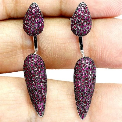 925 Sterling Silver Earrings Ruby Myanmar Round Diamond Cut Gemstone Jewelry - Image 1 of 4