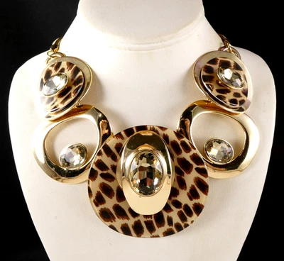 PRETTY Leopard Print Fashion Necklace Gold Tone Champagne Glass Stones NICE! - Image 1 of 4