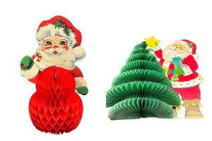 Vintage Set honeycomb Tissue Christmas Centerpieces Santa Trees JS - Picture 1 of 11