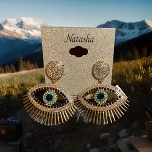 NATASHA EVIL EYE STATEMENT EARRINGS AB CRYSTAL RHINESTONES PIERCED - Picture 1 of 4