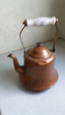 ANTIQUE COPPER TEAPOT - FOLDING CERAMIC HANDLE - 10 INCHES TALL