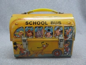 1961 ORANGE DISNEY SCHOOL BUS DOME LUNCHBOX Cond 7.5 Mickey,Donald,Goofy,Alice - Picture 1 of 7