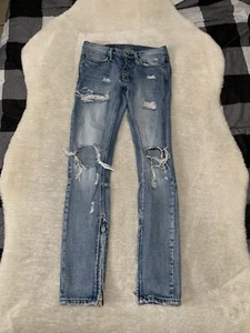 MNML Mens Blue Ripped Denim Jeans Size 28x32 Ankle Zip Pants - Picture 1 of 6