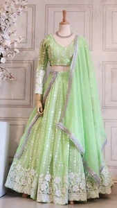 Mint Green Thread & Sequin Embroidered Lehenga with Boutique Blouse and Shawl - Picture 1 of 4