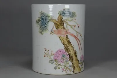 5.9  China Old Dynasty Porcelain Guangxu Mark Famille Rose Flower Bird Brush Pot • 382.50$