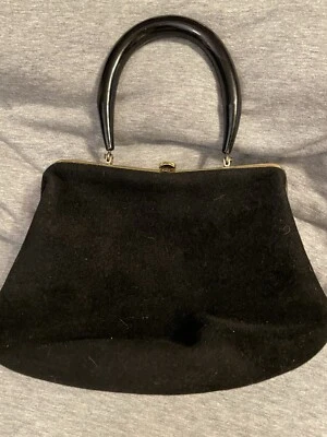 1950's Vintage Black Felted Wool Handbag Purse Brass Clasp Gold Satin Lined - Image 1 of 4