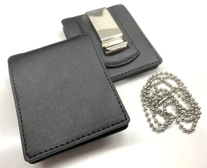 Leather Belt Badge Holder, Neck Chain, Police / Security, ID Badge Holder Black - Picture 1 of 8