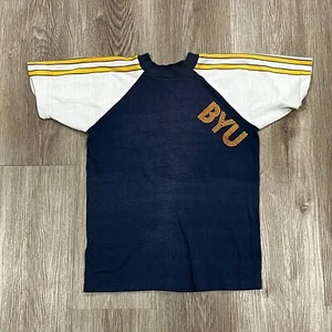 Vintage 70s Brigham Young University BYU Raglan Tee T-Shirt Blue/White Gr. Large - Bild 1 von 6