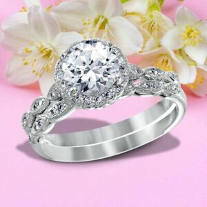 925 Sterling Silver 2.70Ct Round White Moissanite Halo Bridal Ring Set Size 6.5