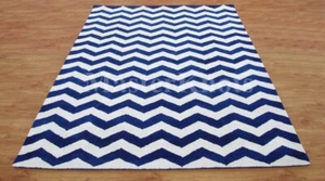Chevron Zig Zag Blue White Modern Hand-Tufted 100% Wool Soft Area Rug Carpet. - Picture 1 of 7