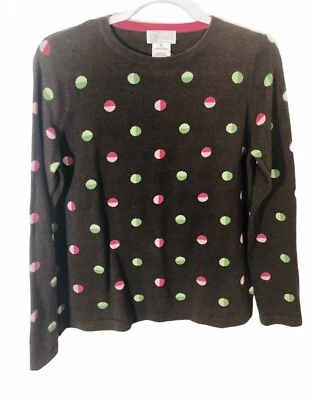 Foxcroft Women's Medium Brown Pink Green Dots Print Long Sleeve Pullover Sweater - Image 1 of 4