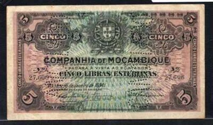 MOZAMBIQUE, P-R32, 5 LIBRA , 1934, FINE, CANCELLED - Picture 1 of 2