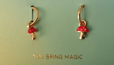 Lucky Feather Red Mushroom Charms Hoop Earrings 14k Gold Dipped Nickel Free NWT - Image 1 of 4