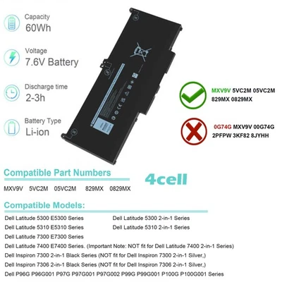 Replace MXV9V Battery For Dell Inspiron 7300/7306 2-in-1 Black P96G P97G P100G - Image 1 of 4