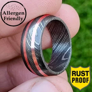 Customized Golden Double Lined Copper Inlay Damascus Steel Ring Men Wedding Band - Bild 1 von 7