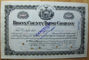 Bronx County Trust Company (JP MORGAN), stock certificate. State of New York - Picture 1 of 2