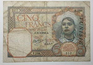 TUNISIA TUNEZ TUNISIE BANQUE DE L' ALGERIE 5 FRANCS 31-5-1941 BC - Imagen 1 de 2
