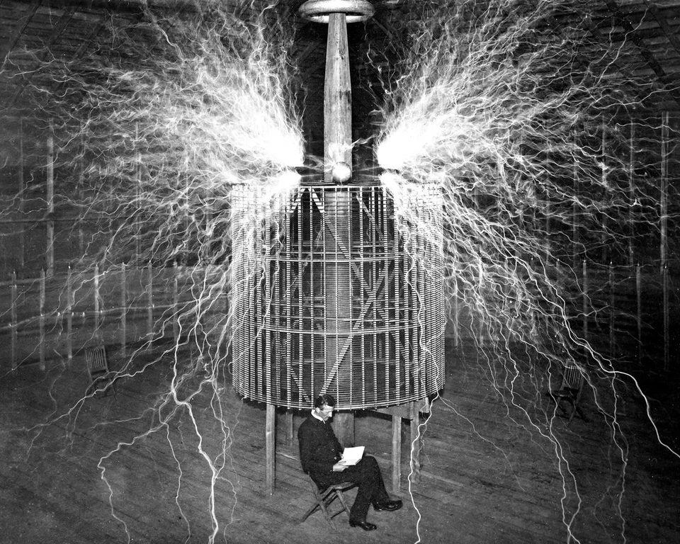 New 8x10 Photo: Nikola Tesla Reading in Laboratory, Electricity Double-Exposure - Image 1 of 1