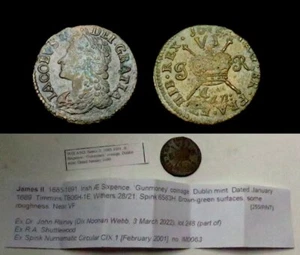 X043: Jan 1689 Irish James II Gun Money Rarer SIXPENCE, Spink 6583H - Provenance - Picture 1 of 1