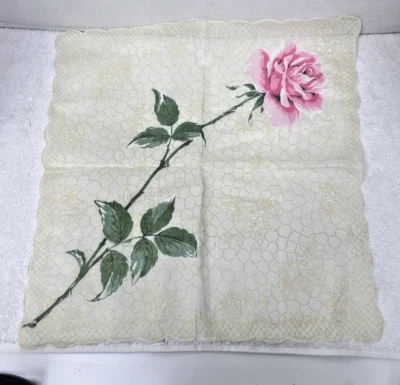 Винтажный Hankie розовый цветочный цветок мягкий желтый фон зубчатый край 14" - Изображение 1 из 3