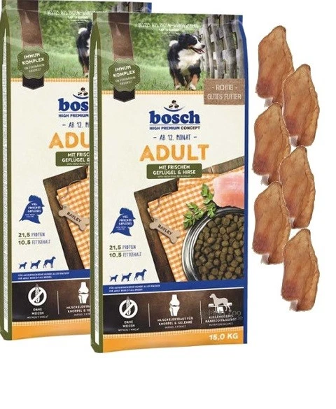2x15kg Bosch Adult Poultry & Millet + 6 x Rabbit Ears - Image 1 of 1