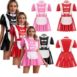 Womens Leather Maid Costume Fancy Short Puff Sleeve Dress Pleated A-Line Outfits - Picture 1 of 36