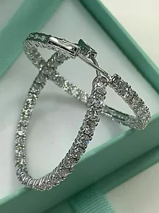 GENUINE 925 STERLING SILVER LARGE INSIDE-OUT WHITE ROUND 6.00CT CZ HOOP EARRINGS - Picture 1 of 12