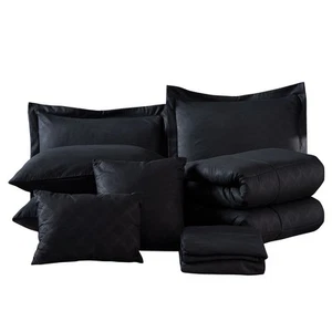 10-piece Solid Plaid Comforter Set Black Queen - Picture 1 of 5