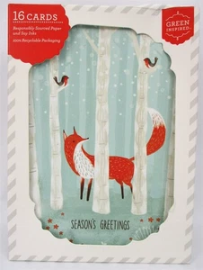 16 Holiday Greeting Cards Fox & Birds Christmas Green Inspired - Picture 1 of 2