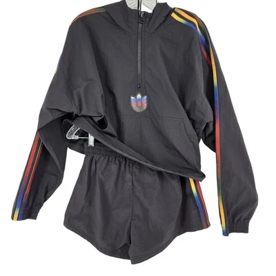 Adidas Jacket Shorts Set Womens Large Rainbow Trefoil Crop Windbreaker Pride - Image 1 of 4