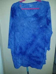 Catherines verzierte Tunika mit überkreuztem Saum Größe 2X blau Tide Dye Stretch lang Slv - Bild 1 von 5