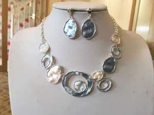 Brand new Silver tone necklace and earrings with Pale Blue and White Enamel - Picture 1 of 9