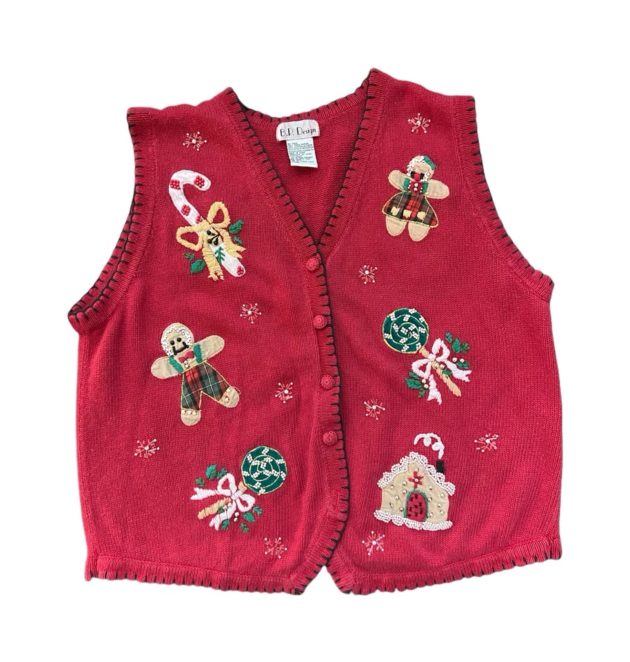 Chaleco Suéter Navidad Diseño BP Vintage Talla XL Rojo Bordado con Cuentas Foto 1 de 4